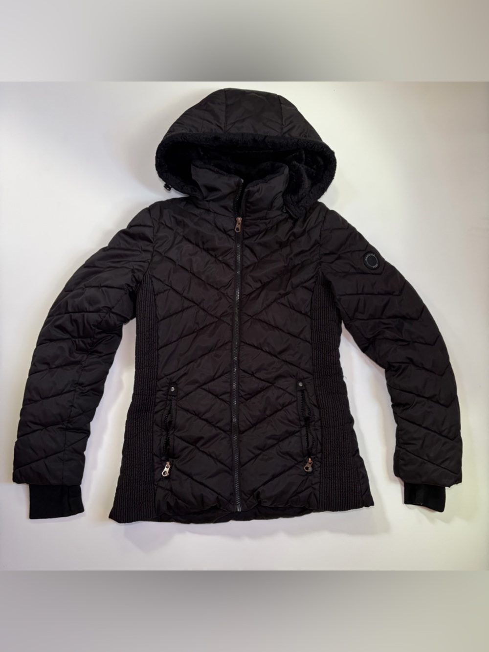 Nautica Black Quilted Hooded Ribbed Puffer Jacket Women’s Medium